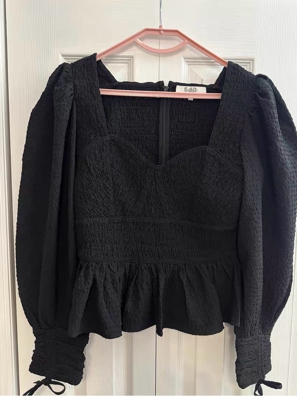 Sea new York Black Puff Sleeve Smocked Peplum Top